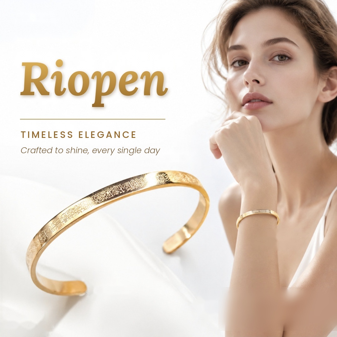 Riopen — Timeless Elegance. Crafted to shine, every single day. A model wearing a gold engraved bracelet.